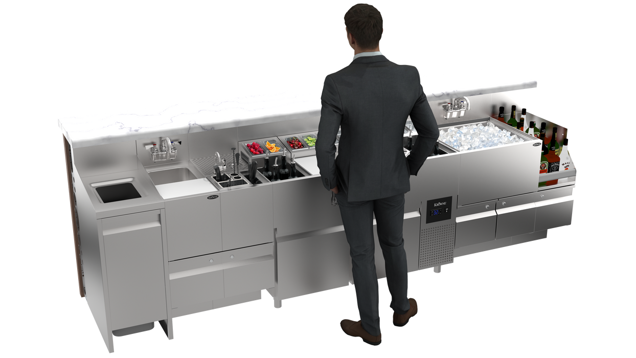 Krowne Alchemist One Twenty Two – 122″ Premium Stainless Steel Bar Station with Refrigerated Base (Model AL24-AL122-R)