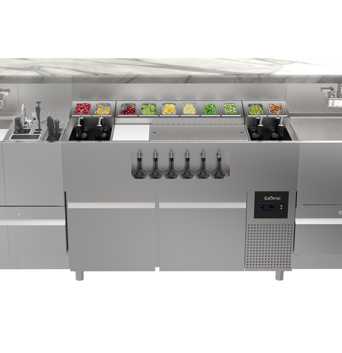 Krowne Alchemist One Twenty Two – 122″ Premium Stainless Steel Bar Station with Refrigerated Base (Model AL24-AL122-R)