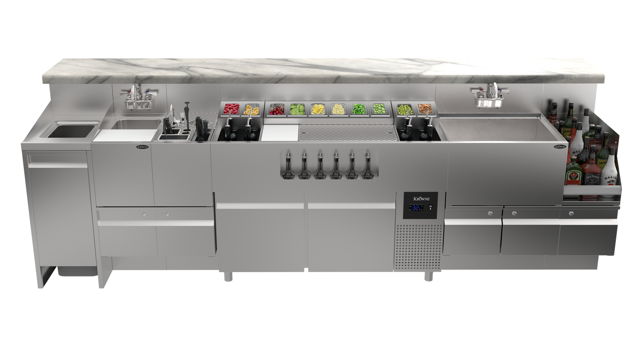 Krowne Alchemist One Twenty Two – 122″ Premium Stainless Steel Bar Station with Refrigerated Base (Model AL24-AL122-R)
