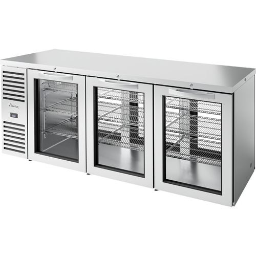True TBR84-PTSZ1-L-S-GGG-GGG-1 Pass-Thru Single Zone Refrigerator with Left Side Refrigeration System. Stainless Exterior and Glass Swing Doors