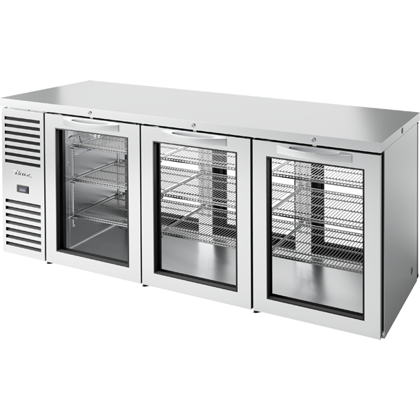 True TBR84-PTSZ1-L-S-GGG-GGG-1 Pass-Thru Single Zone Refrigerator with Left Side Refrigeration System. Stainless Exterior and Glass Swing Doors