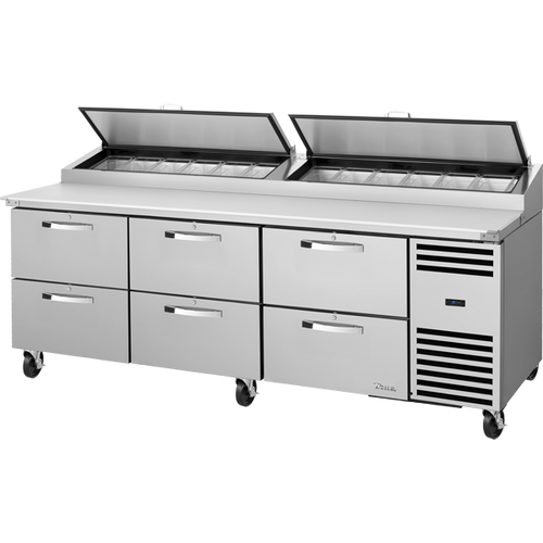True TPP-AT2-93D-6-HC~SPEC3 Solid Drawers Pizza Prep Table with Angled Top and Hydrocarbon Refrigerant~Spec Package 3