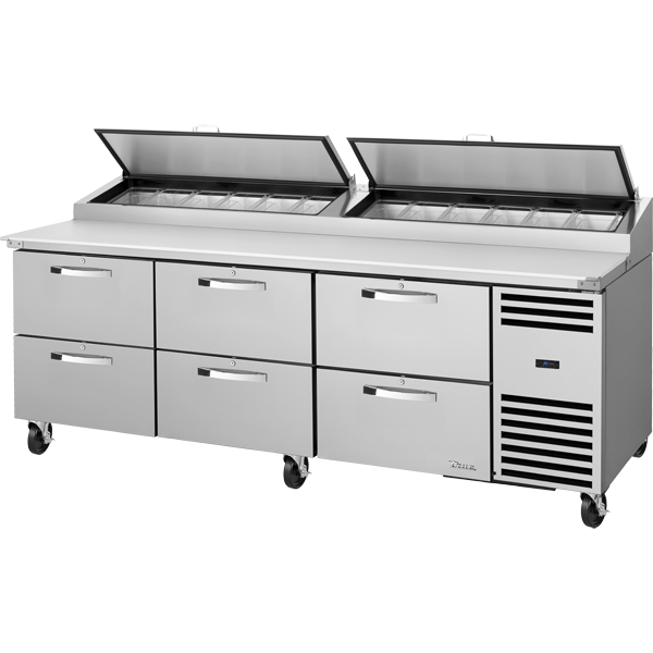 True TPP-AT2-93D-6-HC~SPEC3 Solid Drawers Pizza Prep Table with Angled Top and Hydrocarbon Refrigerant~Spec Package 3