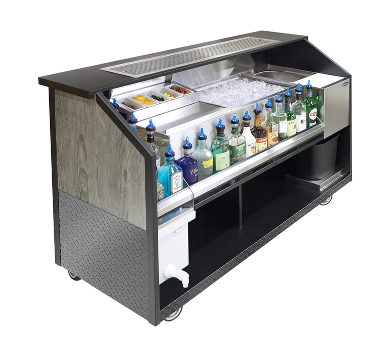 Portable bar cart with drinks and ice on a white background