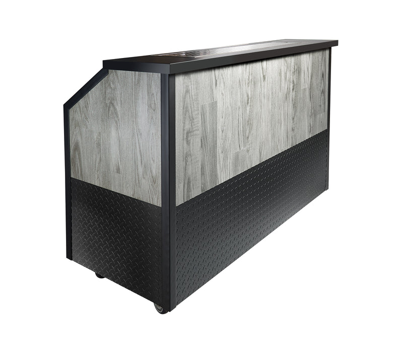 Modern reception desk with wooden panel and black base on a white background