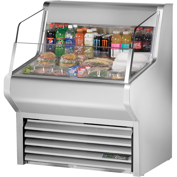 True THAC-36-S-HC-LD Horizontal Air Curtain Refrigerated Merchandiser with Stainless Exterior, Hydrocarbon Refrigerant & LED Lighting