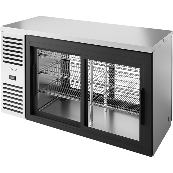 True TBR60-PTSZ1-L-S-11-11-1 Pass-Thru Single Zone Refrigerator with Left Side Refrigeration System. Stainless Exterior and Glass Slide Doors