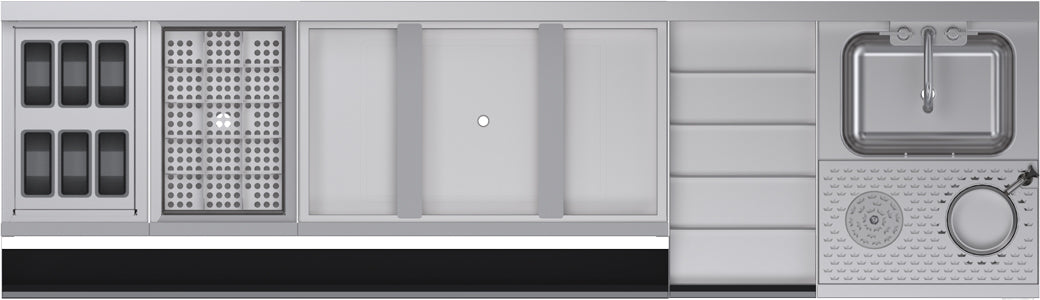 Stainless steel kitchen cabinet with sink and various compartments