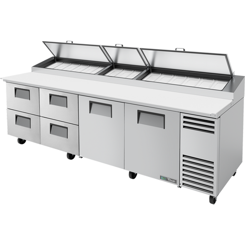 True TPP-AT-119D-4-HC Solid Doors & Drawers Pizza Prep Table with Angled Top and Hydrocarbon Refrigerant
