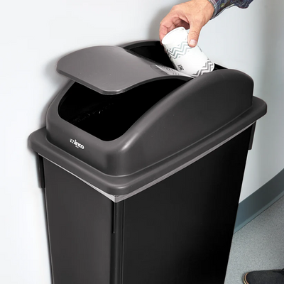 Swing lid for slim rectangular commercial waste bin