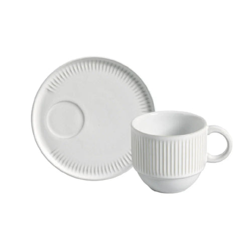 Porto Brasil Linhas Stackable Tea Cup with Saucer Stoneware - 4.06 oz. New White ( Case of 12)