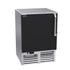 Outdoor refrigerator with black door and stainless steel base on a white background