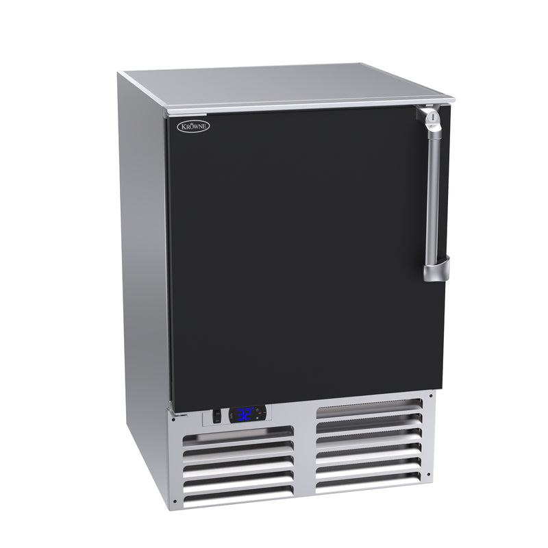 Outdoor refrigerator with black door and stainless steel base on a white background