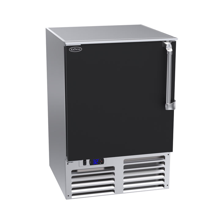 Outdoor refrigerator with black door and stainless steel base on a white background