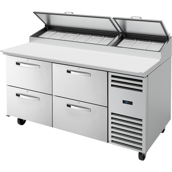 True TPP-AT-67D-4-HC~SPEC3 Solid Drawers Pizza Prep Table with Angled Top and Hydrocarbon Refrigerant~Spec Package 3