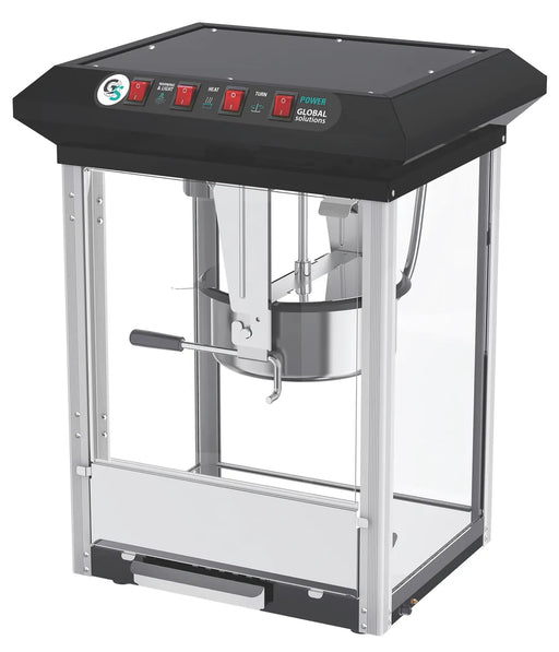 The GS1735 Popcorn Popper is compact yet powerful, featuring a 6oz stainless steel kettle, tempered glass panels, and 180 oz/hr output—ideal for small venues.