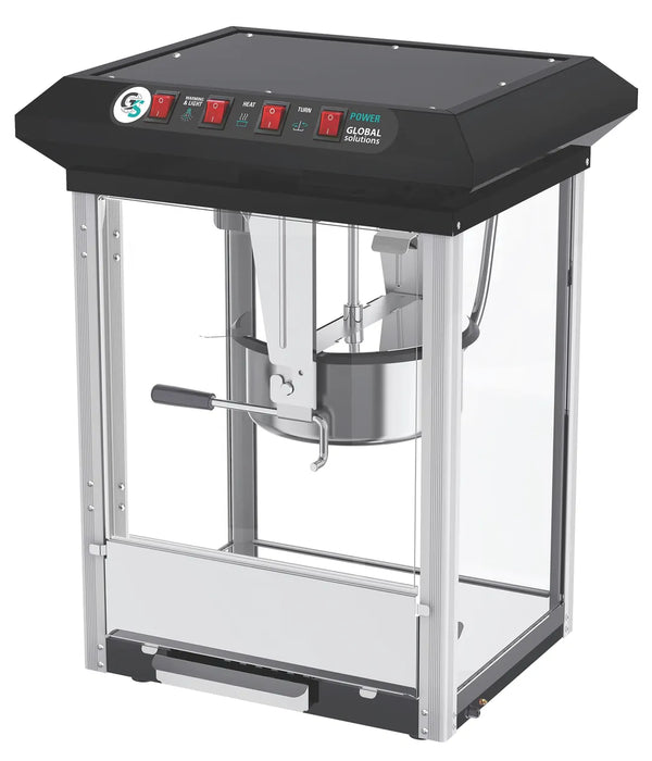 The GS1735 Popcorn Popper is compact yet powerful, featuring a 6oz stainless steel kettle, tempered glass panels, and 180 oz/hr output—ideal for small venues.