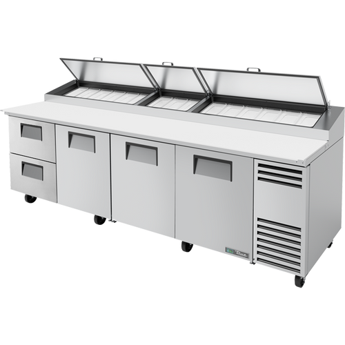 True TPP-AT-119D-2-HC Solid Doors & Drawers Pizza Prep Table with Angled Top and Hydrocarbon Refrigerant