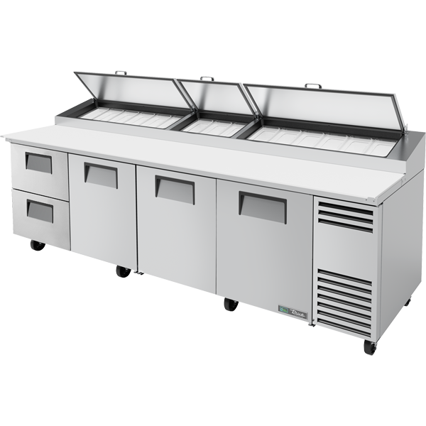 True TPP-AT-119D-2-HC Solid Doors & Drawers Pizza Prep Table with Angled Top and Hydrocarbon Refrigerant