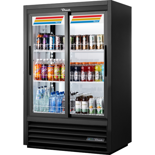True GDM-33C-60-HC-LD Slide Door Lower Height Narrow Depth Fast Lane Solid Back Refrigerator with Hydrocarbon Refrigerant & LED Lighting