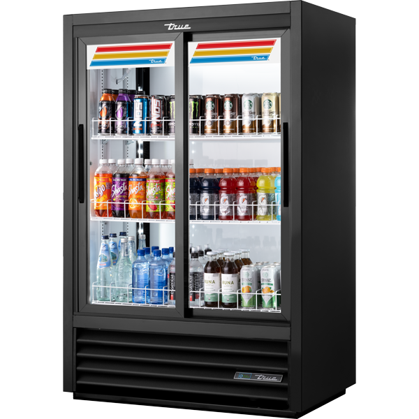 True GDM-33C-60-HC-LD Slide Door Lower Height Narrow Depth Fast Lane Solid Back Refrigerator with Hydrocarbon Refrigerant & LED Lighting