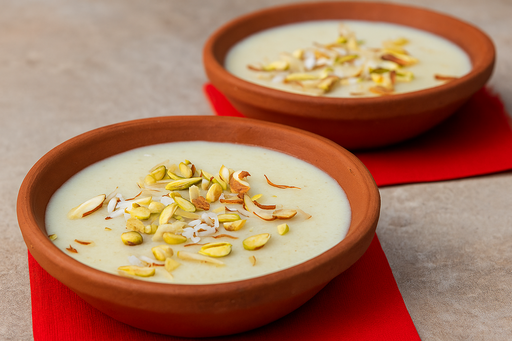 Eco-friendly clay dessert bowl with kheer garnished with dry fruits