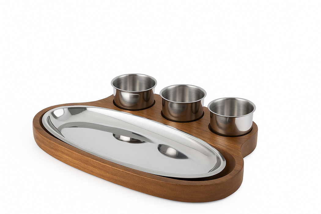 Wooden dip and serve oval platter with 3 stainless steel katoris – 6x12 inch serving board for snacks and appetizers