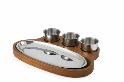 Wooden dip and serve oval platter with 3 stainless steel katoris – 6x12 inch serving board for snacks and appetizers