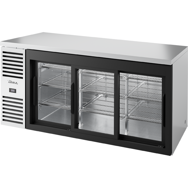 True TBR72-RISZ1-L-S-111-1 Reach-In Single Zone Refrigerator with Left Side Refrigeration System. Stainless Exterior and Glass Slide Doors