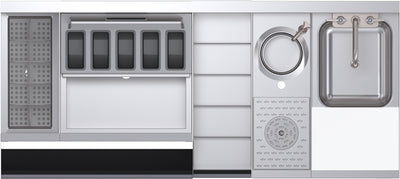 Stainless steel kitchen appliance with various components including a sink, cooktop, and storage drawers.