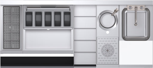 Stainless steel kitchen appliance with various components including a sink, cooktop, and storage drawers.