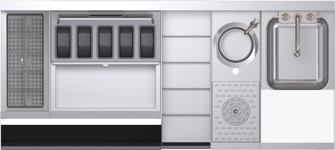 Stainless steel kitchen appliance with various components including a sink, cooktop, and storage drawers.