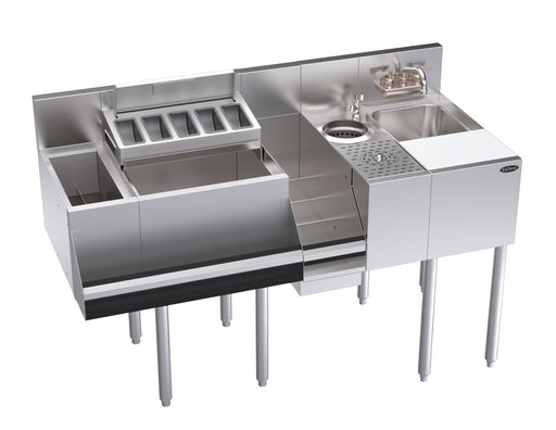 Stainless steel kitchen prep station with sink and various compartments on a white background