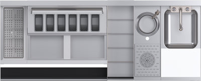 Stainless steel kitchen appliance with various compartments and a sink.