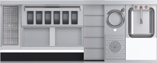 Stainless steel kitchen appliance with various compartments and a sink.