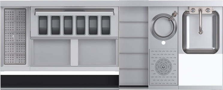 Stainless steel kitchen appliance with various compartments and a sink.