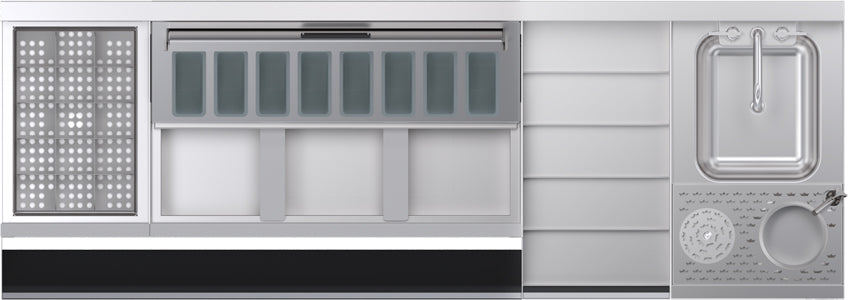 Stainless steel kitchen appliance with various compartments on a white background
