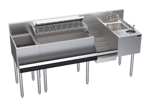 Stainless steel kitchen prep table with sinks and a grill on a white background