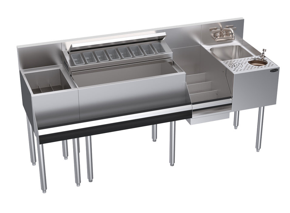 Stainless steel kitchen prep table with sinks and a grill on a white background