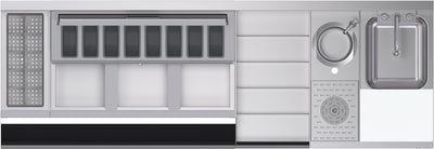 Stainless steel kitchen appliance with multiple compartments and a sink.