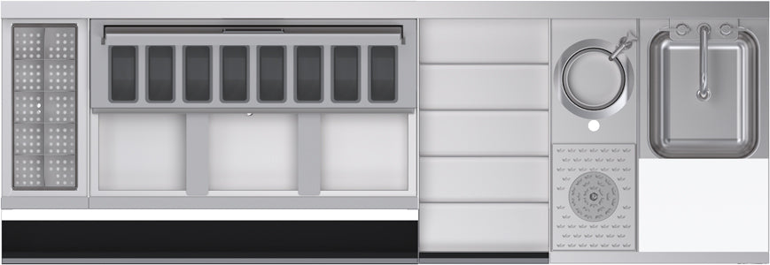 Stainless steel kitchen appliance with multiple compartments and a sink.