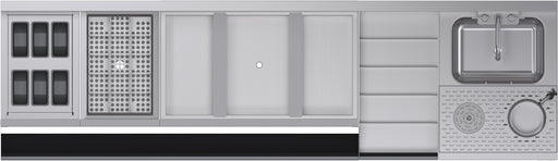 Stainless steel kitchen cabinet with sink and various compartments