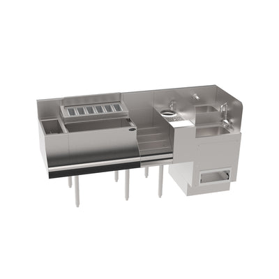 Stainless steel kitchen counter with sink and storage compartments on a white background