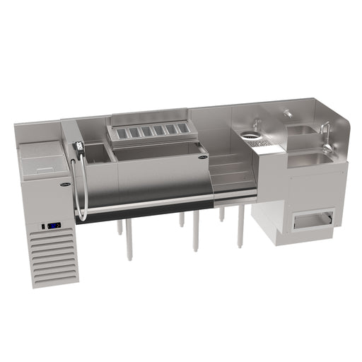 Stainless steel kitchen prep station with sink and various compartments on a white background