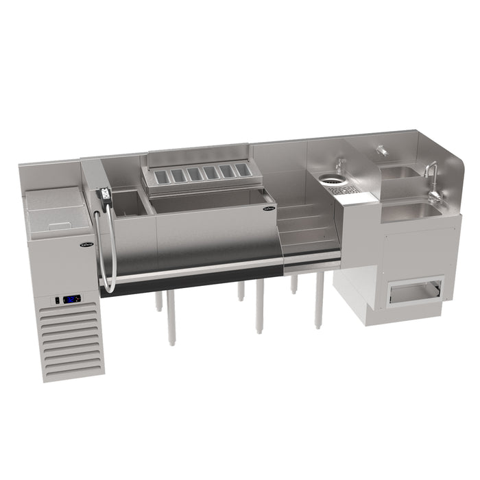 Stainless steel kitchen prep station with sink and various compartments on a white background