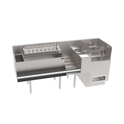 Stainless steel kitchen workstation with sink and various compartments on a white background