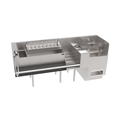 Stainless steel outdoor kitchen island with sink and storage compartments on a white background