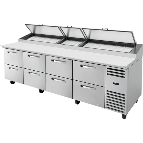 True TPP-AT-119D-8-HC~SPEC3 Solid Drawers Pizza Prep Table with Angled Top and Hydrocarbon Refrigerant~Spec Package 3