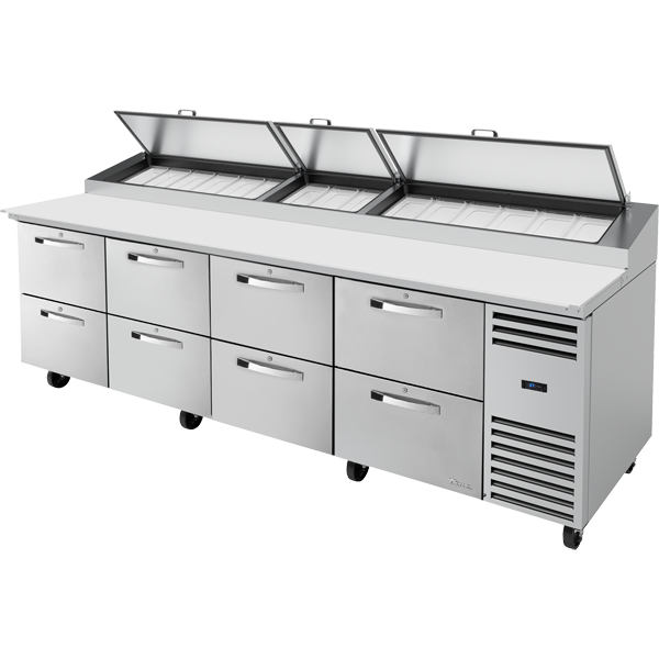 True TPP-AT-119D-8-HC~SPEC3 Solid Drawers Pizza Prep Table with Angled Top and Hydrocarbon Refrigerant~Spec Package 3