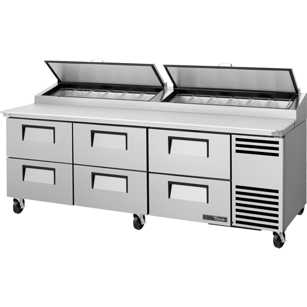 True TPP-AT2-93D-6-HC Solid Drawers Pizza Prep Table with Angled Top Version 2 and Hydrocarbon Refrigerant